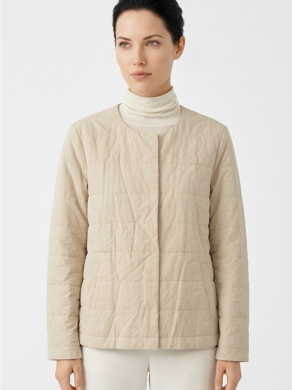 Eileen Fisher Neutral Quilted Collarless Puffer Jacket